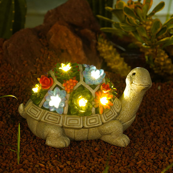 Bungalow Rose 7 LED Lights Solar Outdoor Lawn Decor Garden Tortoise Statue with Succulent